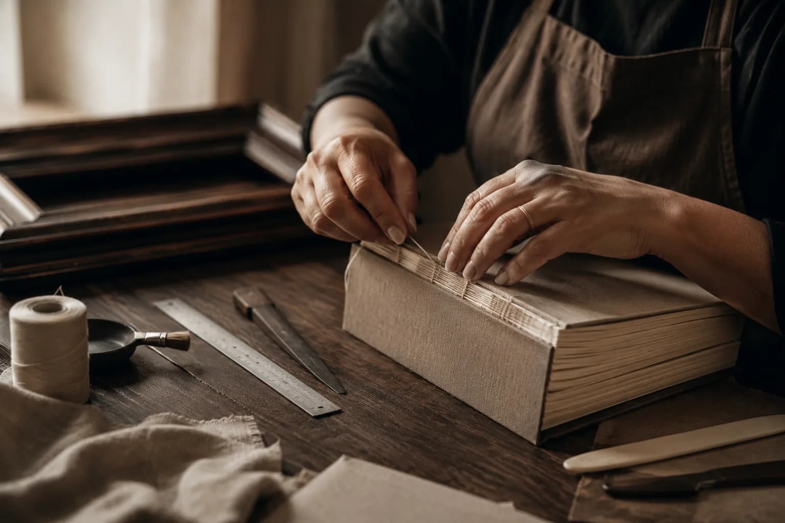 Maos costuram a lombada de um livro de memorias artesanal sobre uma bancada de madeira.